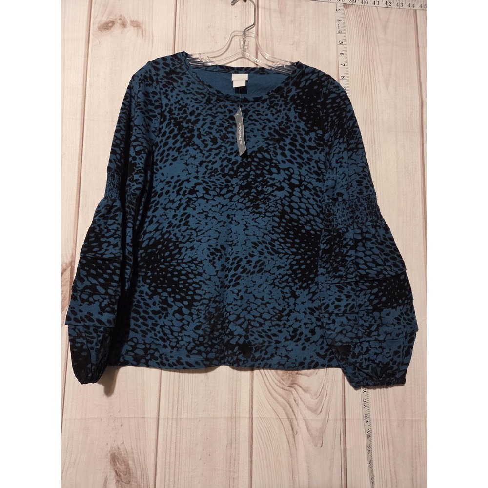 Chicos‎ 0 Striking Teal Flocked Animal Print Ruffle Sleeve Knit Top Small